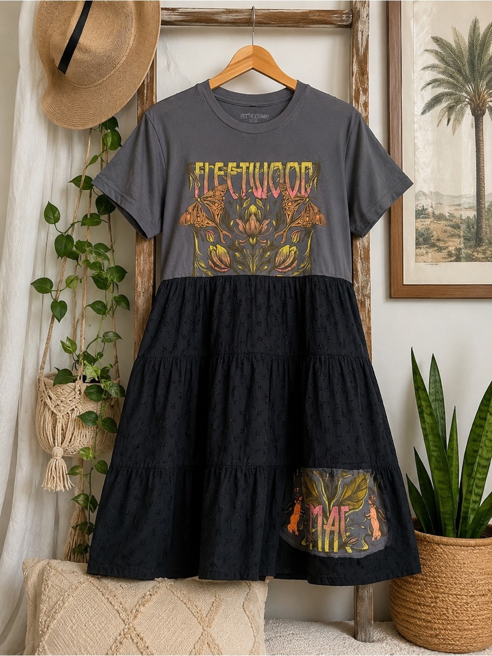 Upcycled Fleetwood Mac Tunic Dress in Charcoal and Black